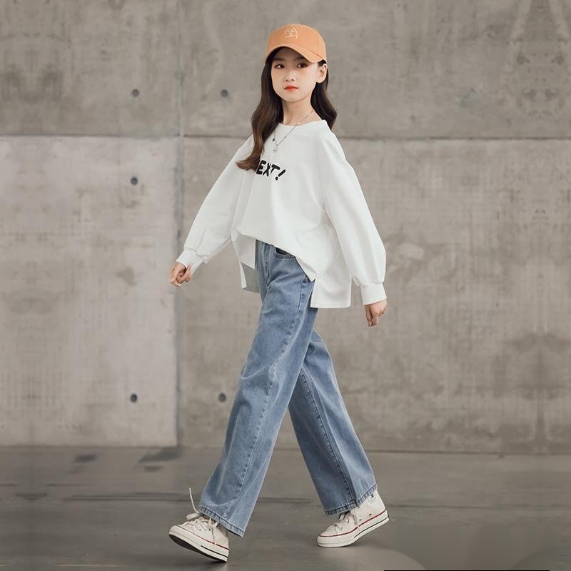 Bộ Trang Phục 2 Mảnh Gồm Áo Thun Tay Dài In Hình Mặt Cười + Quần Jeans Ống Rộng Màu Sắc Thời Trang Xuân Thu Cho Bé Gái