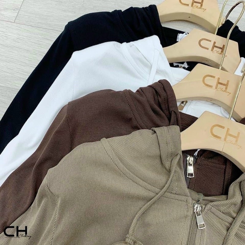 Áo khoác len tăm rút dây túi trước kéo khoá có mũ