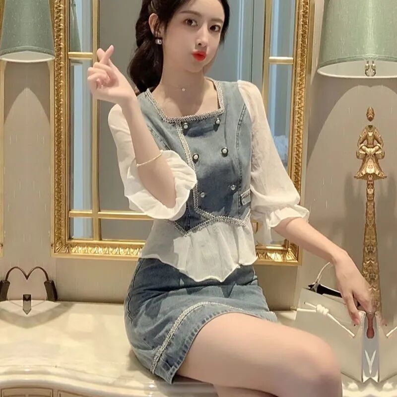 Set Áo Thun Ngắn Tay + Chân Váy Denim Thời Trang Cho Nữ