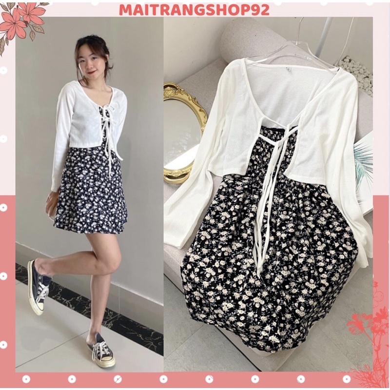 Set váy nữ gồm váy 2 dây hoa nhí 2 lớp kèm áo cardigan len mỏng đẹp, Set đồ nữ bánh bèo tiểu thư Maitrangshop92 (TTA104)