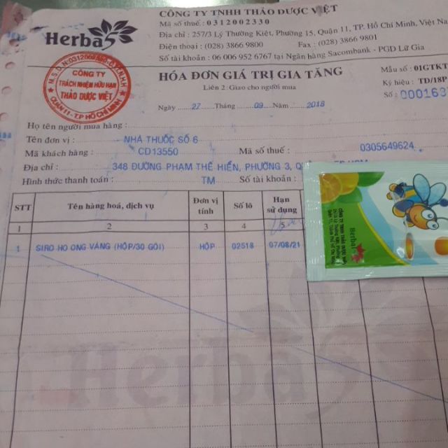 Thực phẩm bảo vệ sức khỏe : Siro Ho Ong Vàng