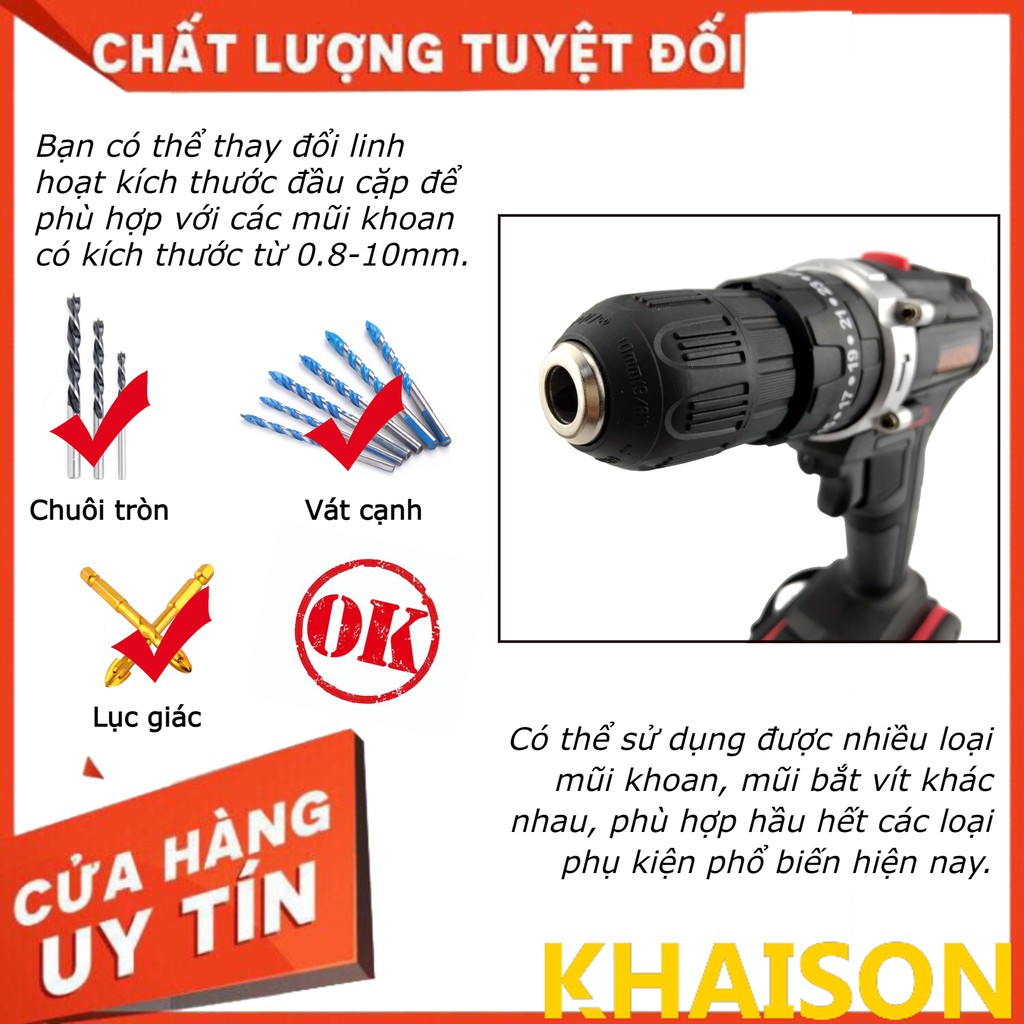 Máy khoan pin, máy bắt vít dùng pin có búa chính hãng Khaison màu đen tặng mũi khoan