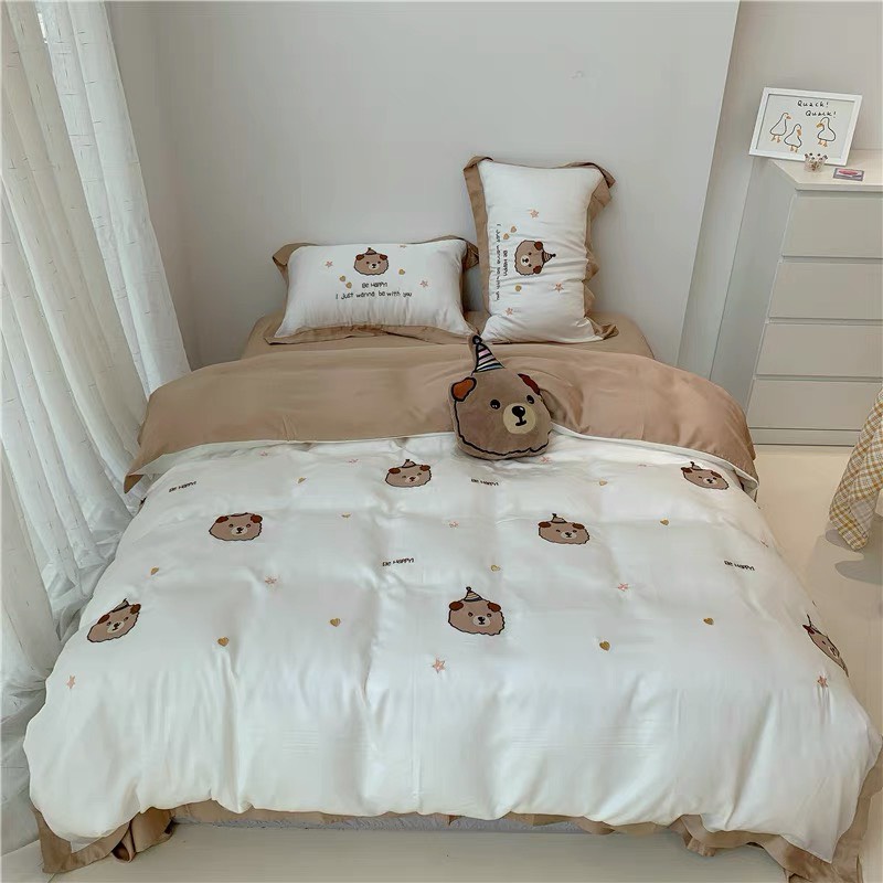 Bộ chăn ga lụa tencel gấu teddy bear bộ 5 món