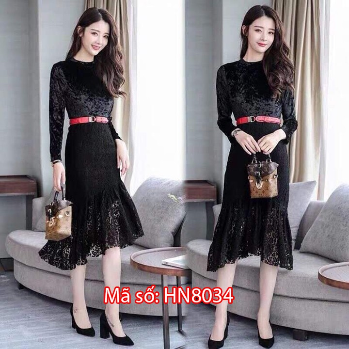 ⚡️ có đủ size ⚡️#HN8034 ĐẦM NHUNG ÔM BODY ĐUÔI CÁ CỔ TRỤ PHỐI CHÂN REN CÁCH ĐIỆU SANG TRỌNG - HÀNG NHẬP KHẨU