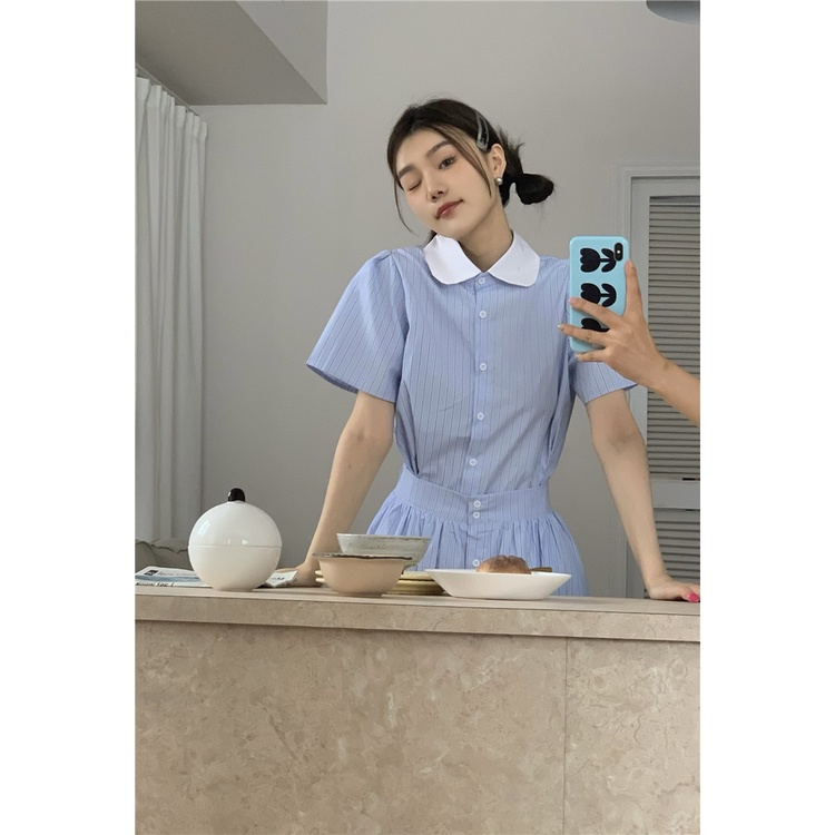 Miss Zhishi ~ Màu tương phản Ve áo phồng tay Áo sơ mi ngắn tay sọc + Bộ chân váy có ô khoét ngực