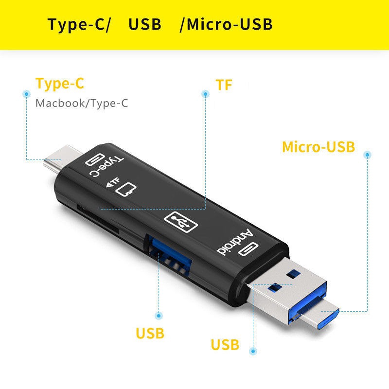 Đầu đọc thẻ nhớ USB 2.0 5 trong 1 cổng Type-C Micro TF OTG cho iOS Android