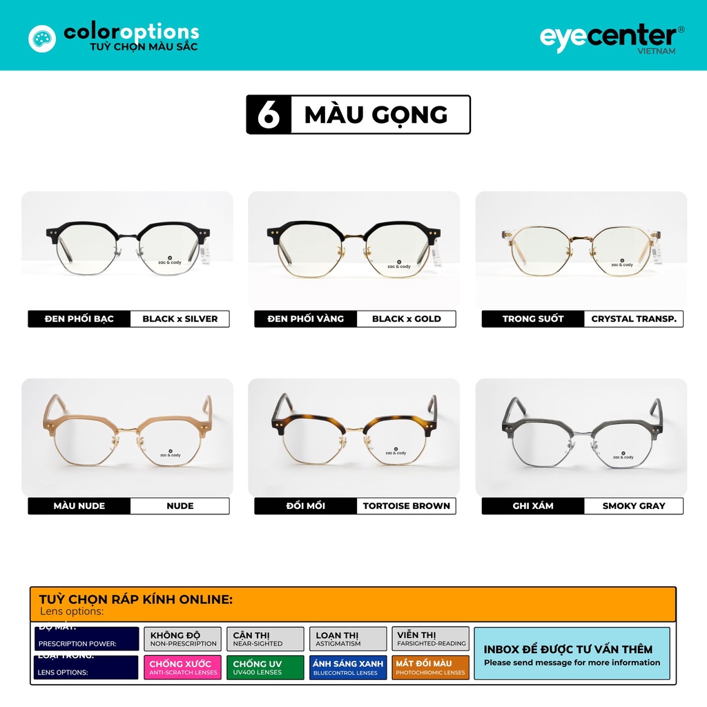 Gọng kính cận Wayfarer nam nữ chính hãng lục giác ZAC & CODY A61-S lõi thép chống gãy nhập khẩu by Eye Center Vietnam