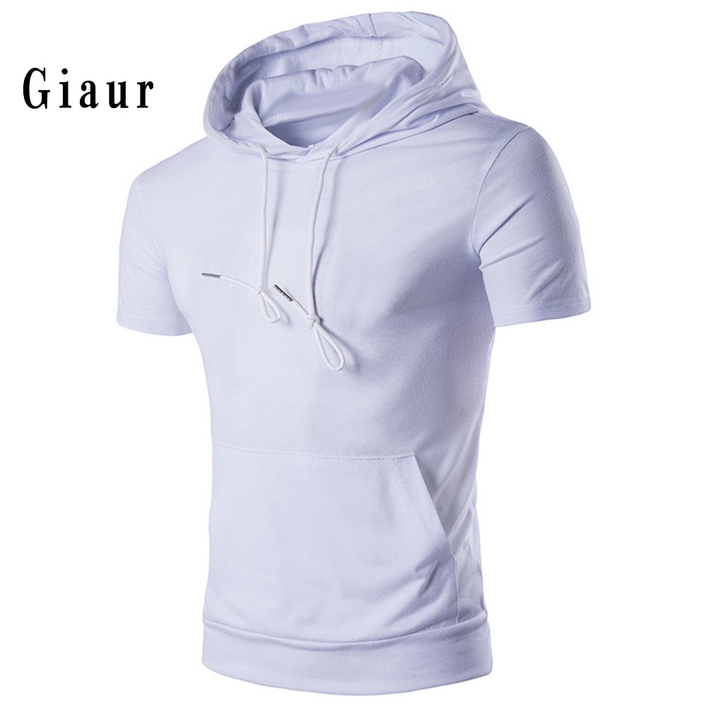 GIAUR  Sports Men Summer Solid Color Short Sleeve Hoodies Hooded Sweatshirt with Pocket