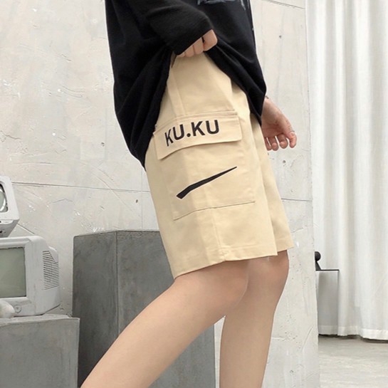 Cargo pants Large size shorts Korean version of the high-waisted slim ins trendy straight women Summer loose-fitting sports five-point s casual