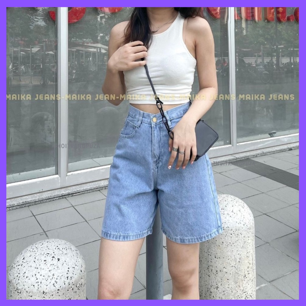 Quần sooc bò jean nữ ống suông ngố rộng baggy quần shorts bò jean nữ cạp cao hot 2022