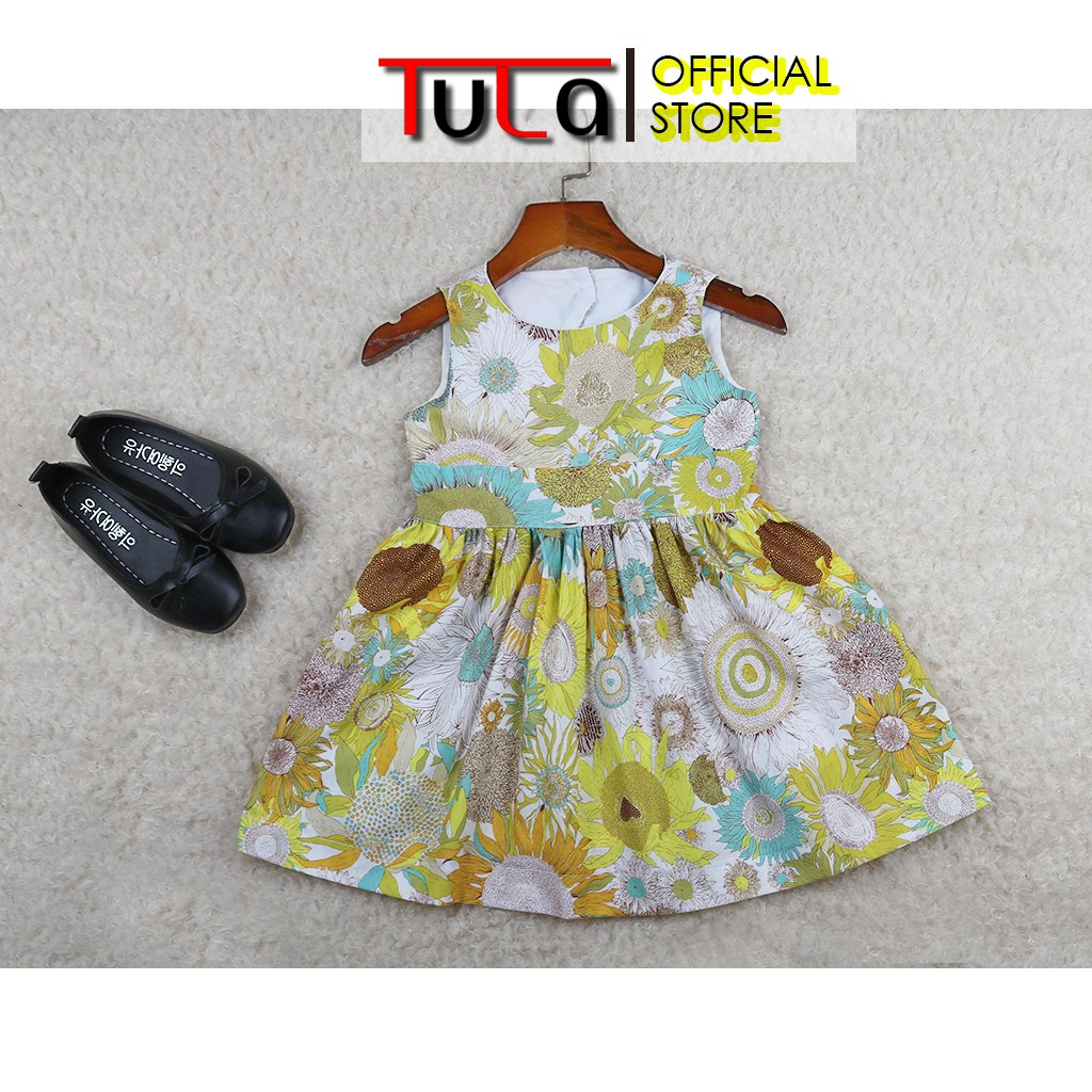 Váy Đầm Cho Bé Gái Họa Tiết Hoa Hoa Hướng Dương Vàng Khoét Lưng Cúc Sau Cực Xinh Vải Thô Hàn Quốc