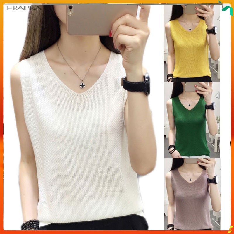 Áo dệt kim sát nách cổ chữ V dáng rộng màu trơn đơn giản trẻ trung cho bạn gái