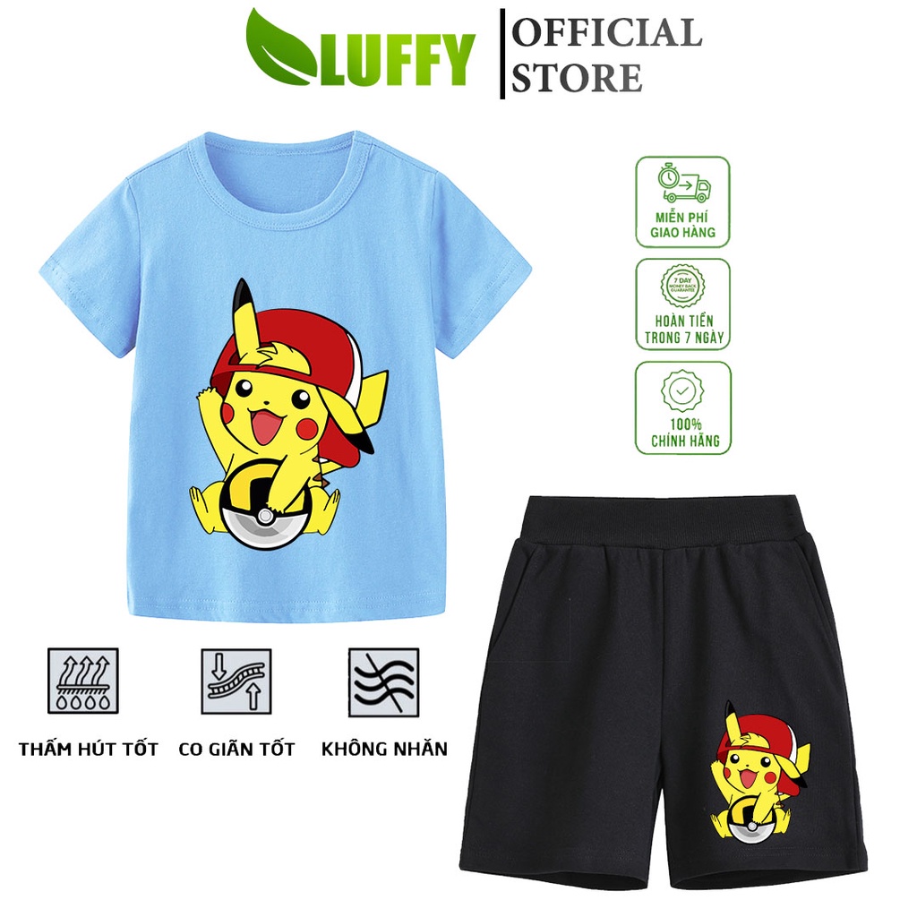 Đồ bộ bé trai Luffy Store cộc tay in hình Pikachu chất cotton thoáng khí Quần áo trẻ em từ 8-35kg LUF98