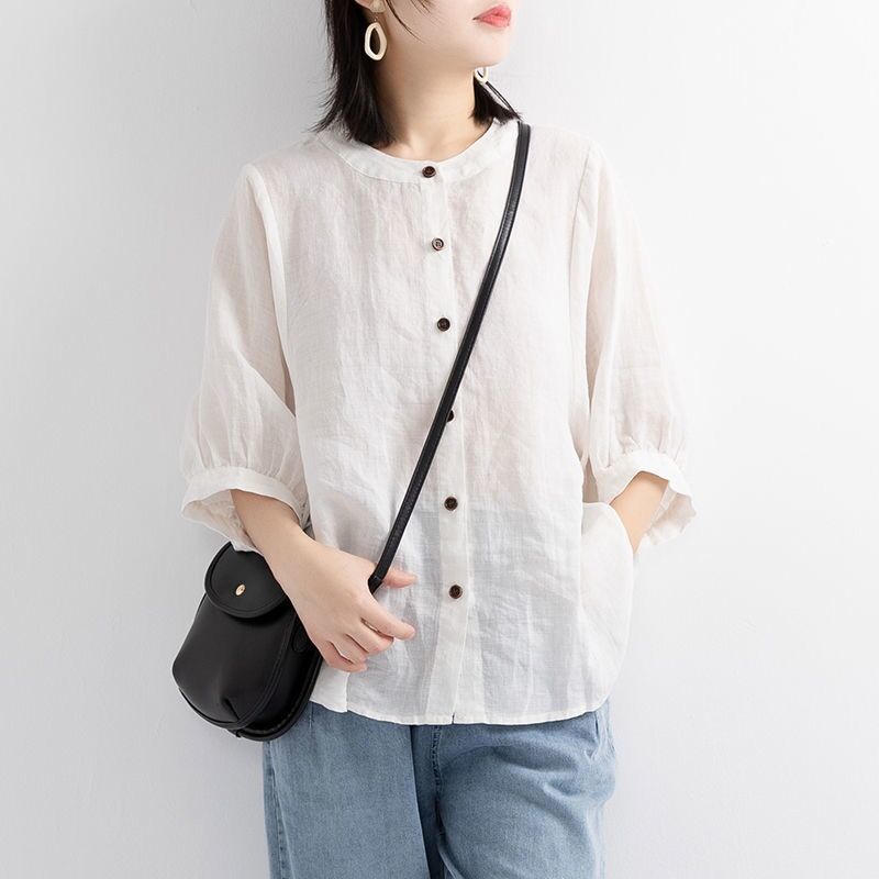 Áo Sơ Mi Cotton Lanh Mỏng Tay Phồng Dáng Rộng Màu Trơn Cổ Điển Thời Trang Cho Phụ Nữ Trung Niên