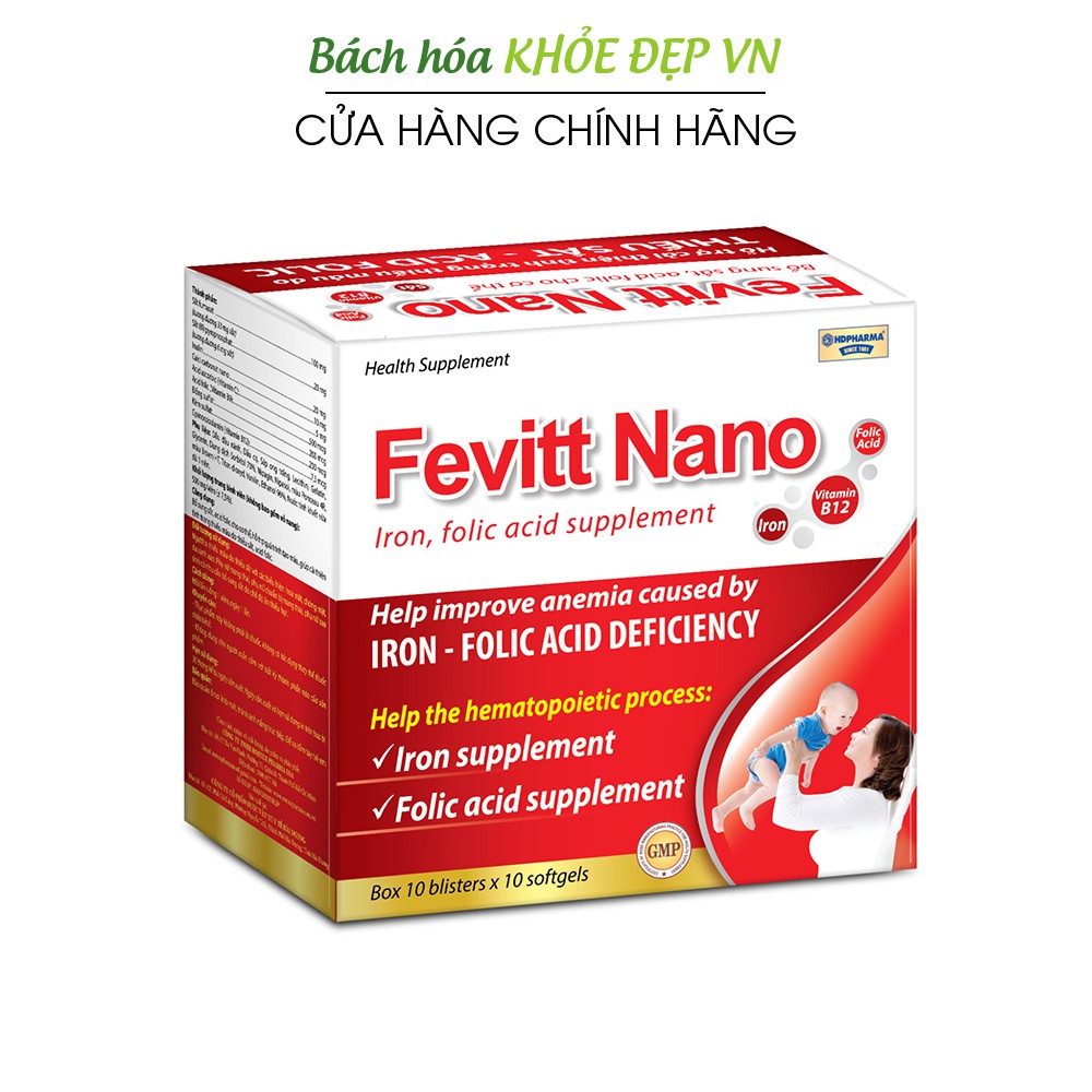 Fevitt Nano bổ máu, Sắt, Acid Folic cho người thiếu máu - Hộp 3 mắt 100 viên