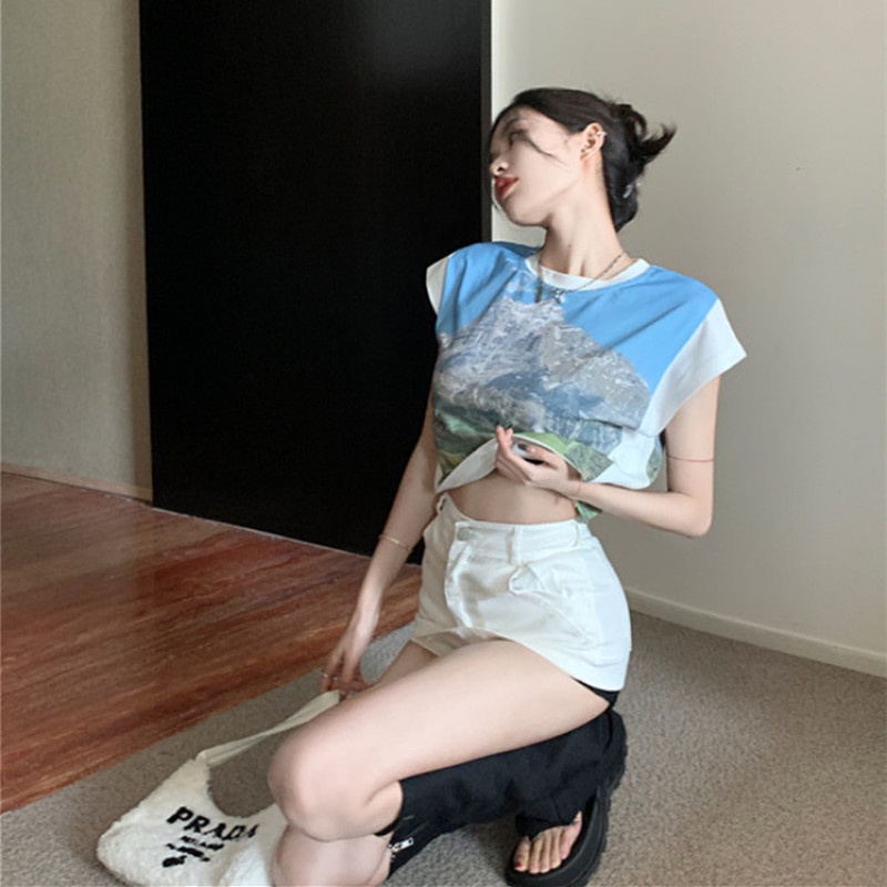 Áo Thun Tay Ngắn Dáng Rộng In Hình Phong Cảnh Thời Trang Cho Nữ