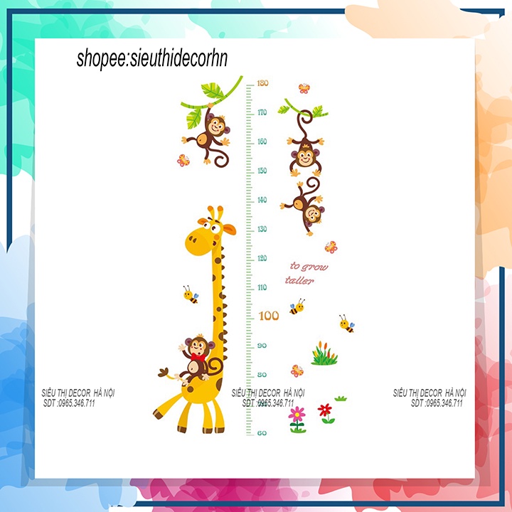 Tranh dán tường cho bé phòng ngủ ST DECOR SK9292 Thước Đo Chiều Cao Khỉ Cưỡi Hươu