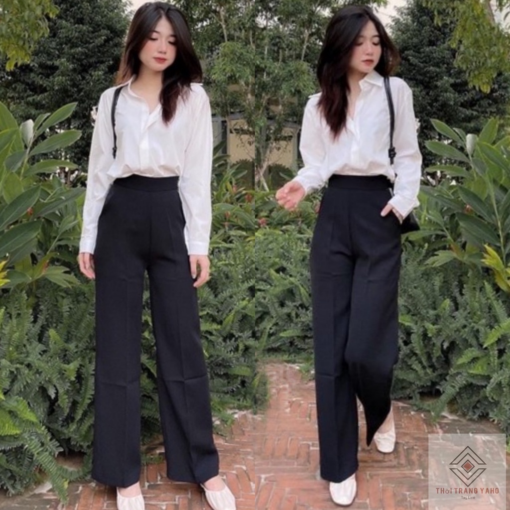 Quần ống rộng lưng cao đi học khóa sườn cạp cao dáng dài chất vải đen mềm trơn - Quần tây nữ ống rộng suông mặc công sở