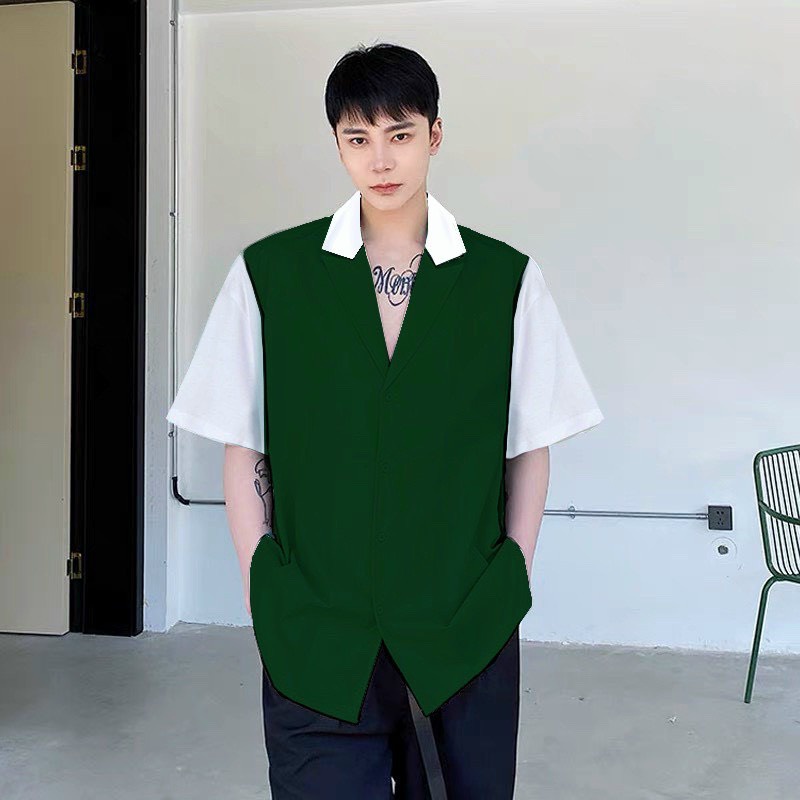 Áo sơ mi cổ vest phối màu siêu chất