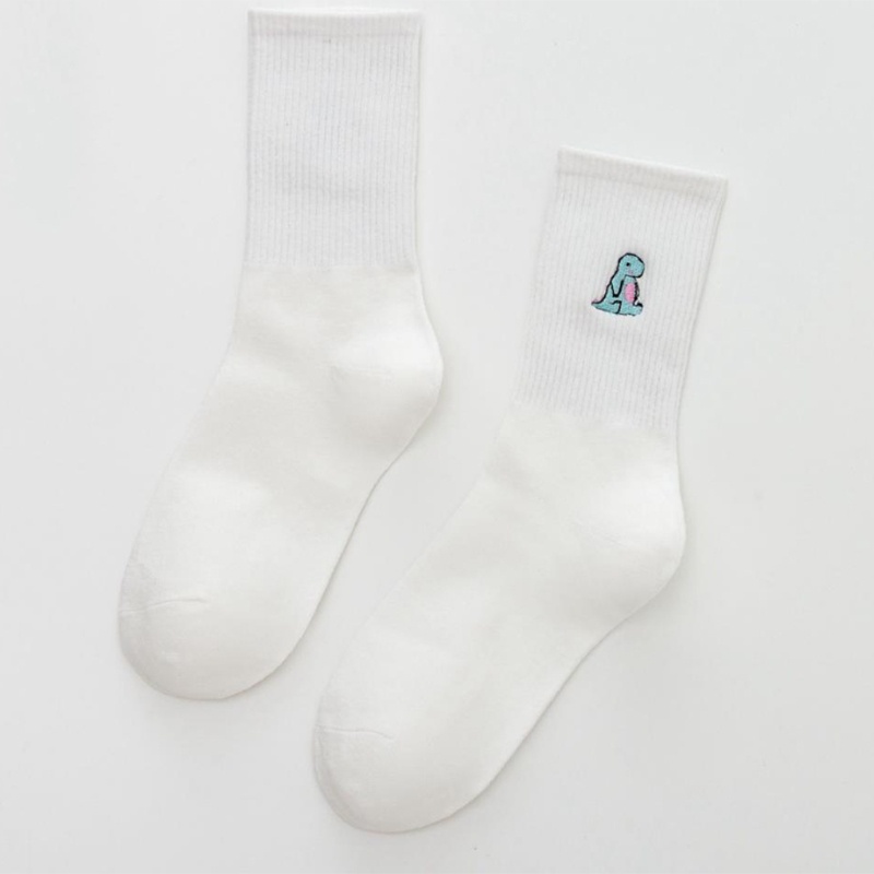 Vớ Cotton Màu Trơn Thêu Họa Tiết Khủng Long Hoạt Hình Phong Cách Harajuku Nhật Bản Cho Nữ