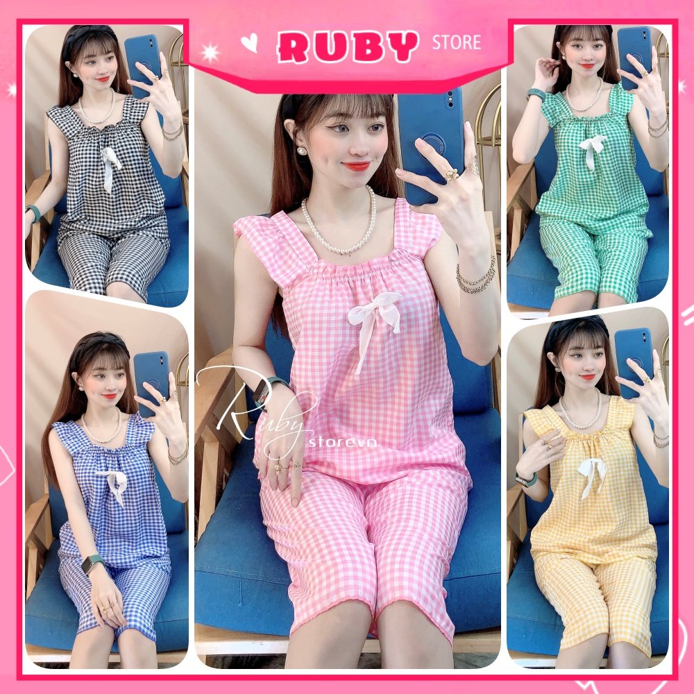 Đồ bộ nữ mặc nhà chất kate mềm mát phối họa tiết caro nhí dễ thương BKT153