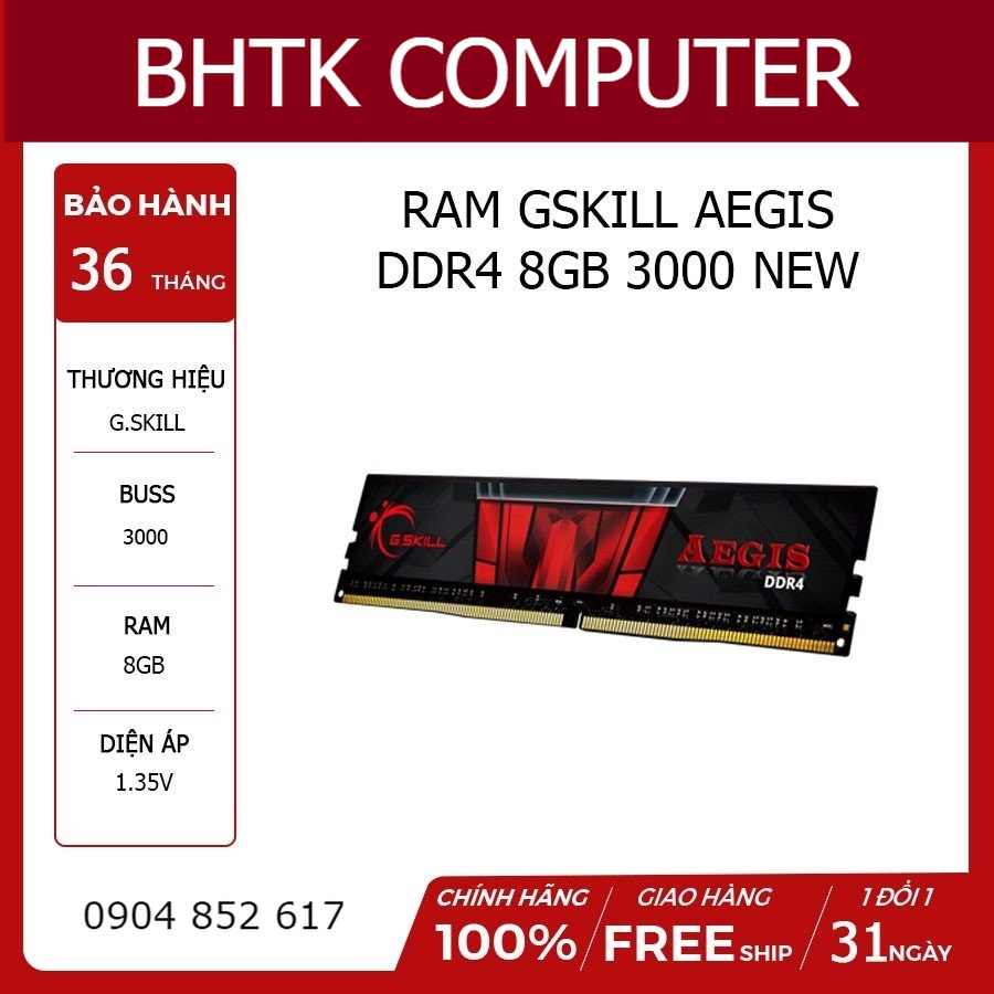 Ram máy tính PC DDR4 Gskill 8G/3000 Tản nhiệt 8GB (1x8GB) DDR4 3000Mhz hàng thương hiệu chính hãng BH 36 tháng