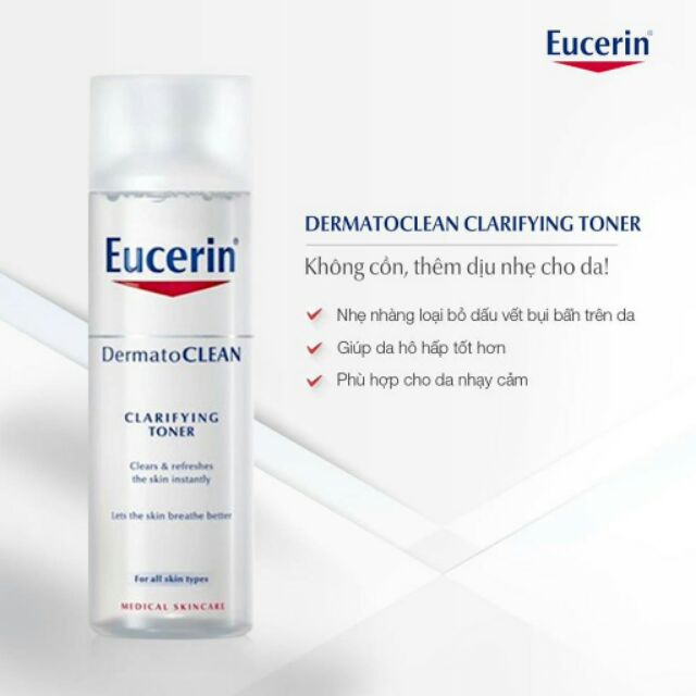 Nước hoa hồng làm sạch da Eucerin Dermato Clean. Dành cho da thường và da nhạy cảm.