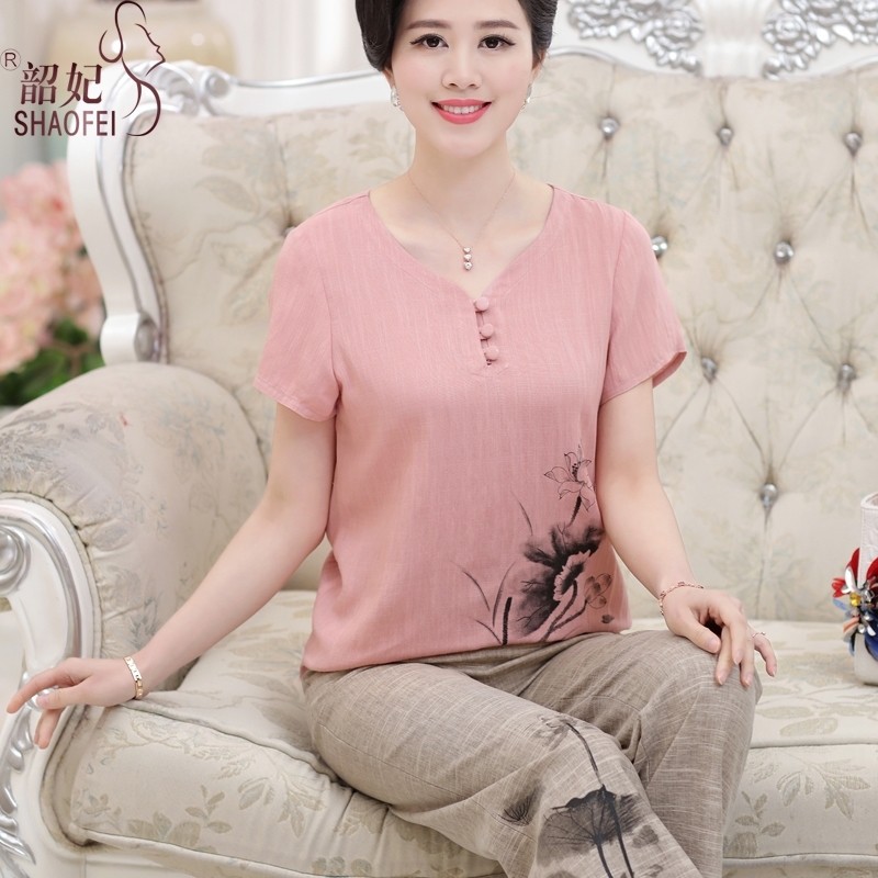 Bộ Áo Thun Cotton Tay Ngắn + Quần Dài Ống Rộng Thời Trang Mùa Hè Cho Nữ Trung Niên 50 Tuổi