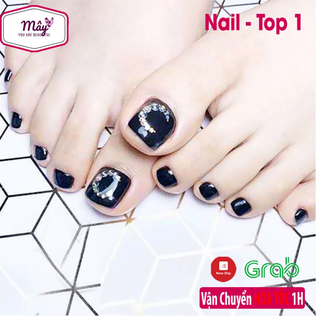 Set 24 móng chân giả đính đá màu đen huyền bí tôn da chân NailMây M1122