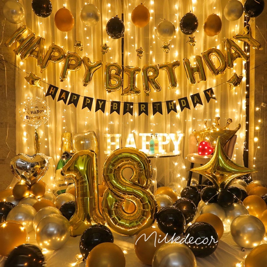 {Tặng Quà Siêu To} Set Bóng Bay Sinh Nhật Happy Birthday Tông Vàng MS899