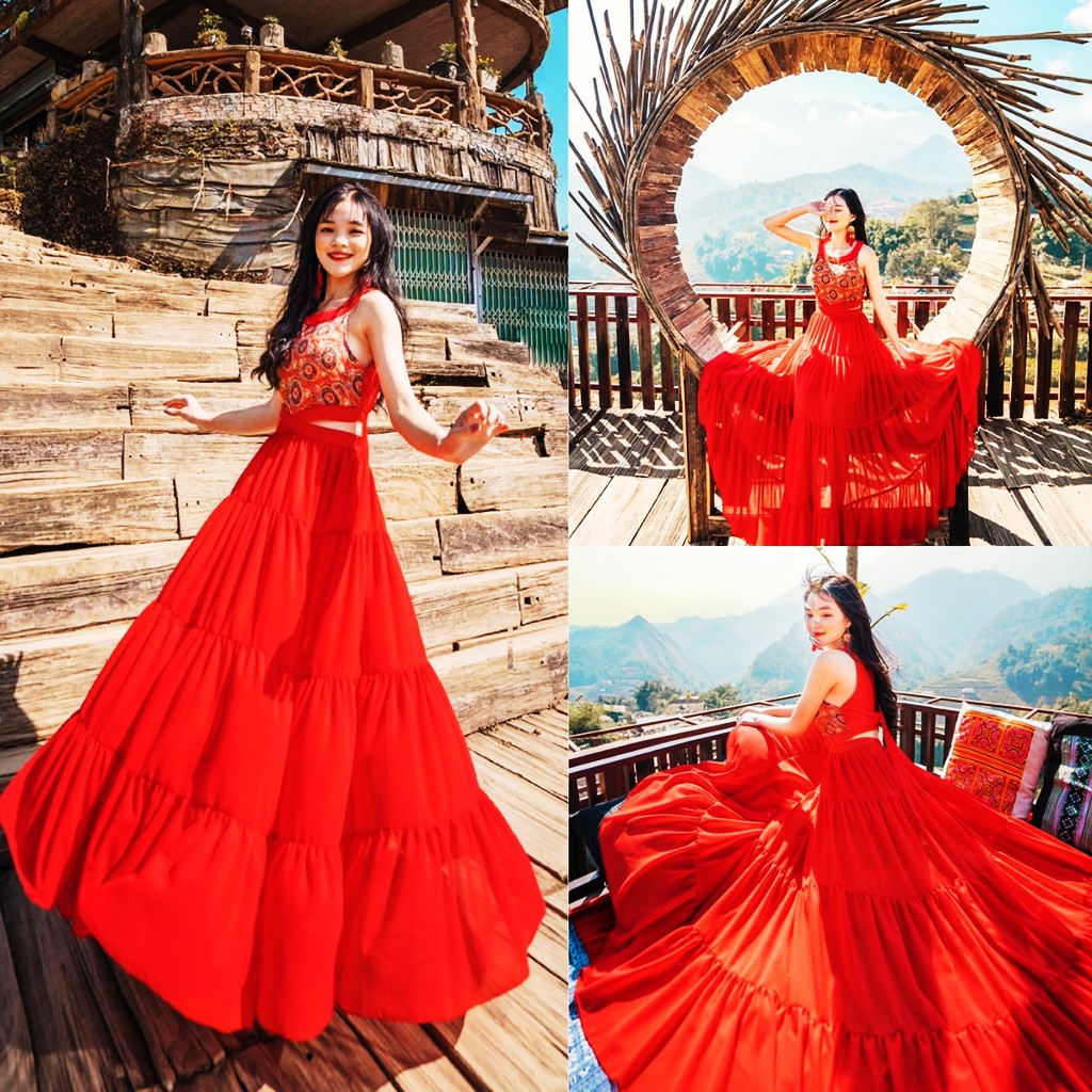 Đầm maxi đi biển màu vàng phối cúc hở lưng sống ảo XUKA-DRESS MT016 chất Lụa xịn xò cao cấp. | BigBuy360 - bigbuy360.vn