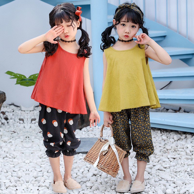 BV10 Size90-130 (9-25kg) set bộ bé gái (áo sơ mi sát nách + quần dài vải vintage cực mát) Thời trang trẻ Em