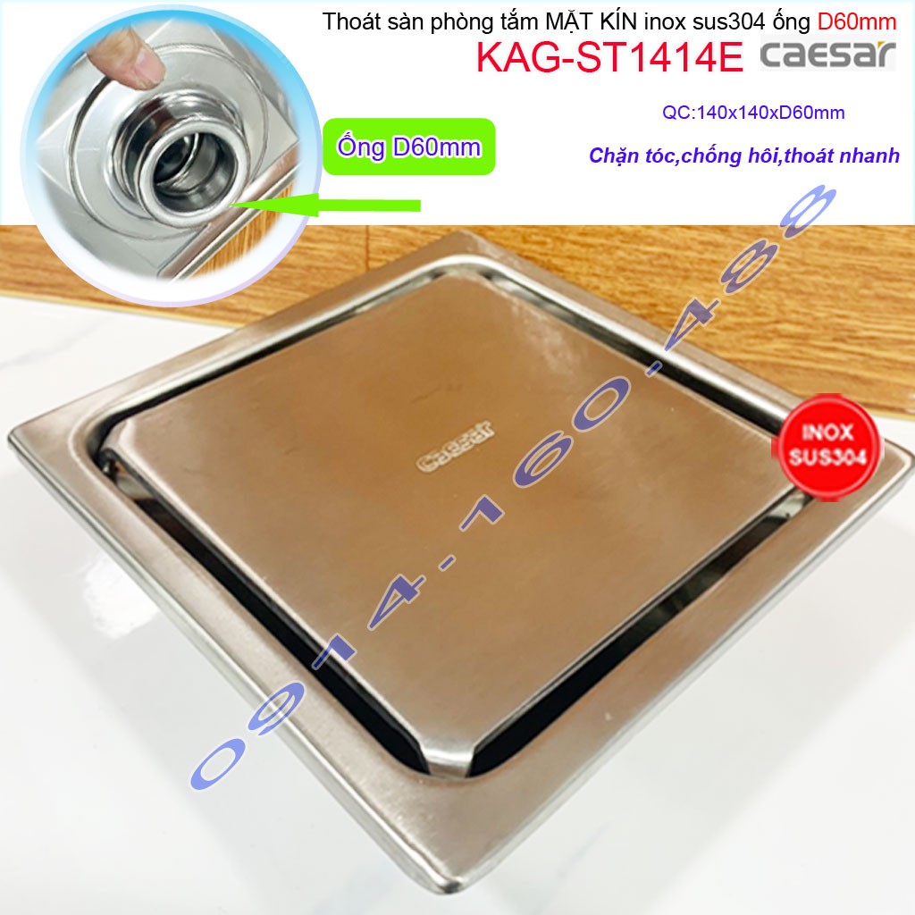 Thoát sàn Caesar 14x14cm ST1414E-D60 mặt inox kín, phễu thoát sàn SUS304 thoát nước nhanh chống hôi chặn tóc tốt