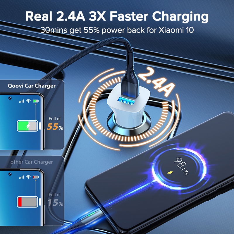 Tẩu sạc điện thoại QOOVI nhanh 2 cổng USB 5V 2.4A thông dụng chất lượng cho xe hơi