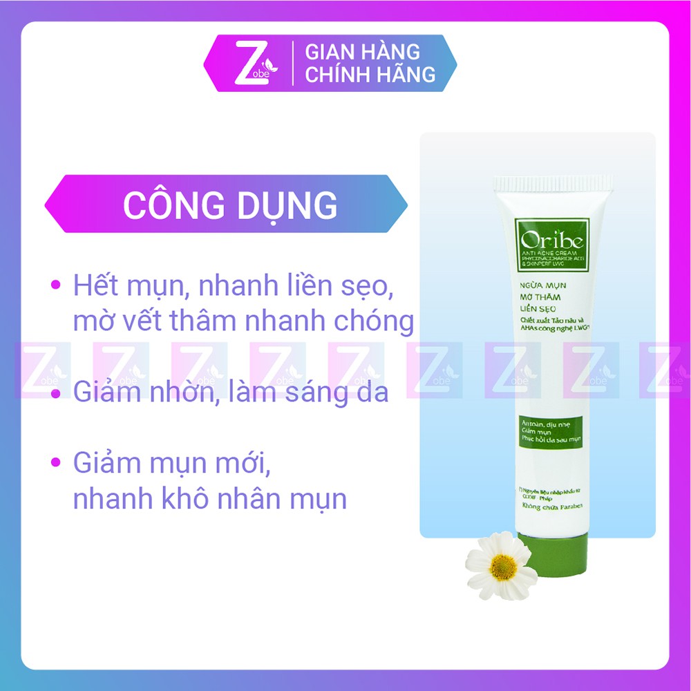 Kem Ngừa Mụn, Mờ Thâm, Liền Sẹo Chiết xuất tảo nâu từ Pháp - Ori'be Anti Acne Cream - Tuýp 20g