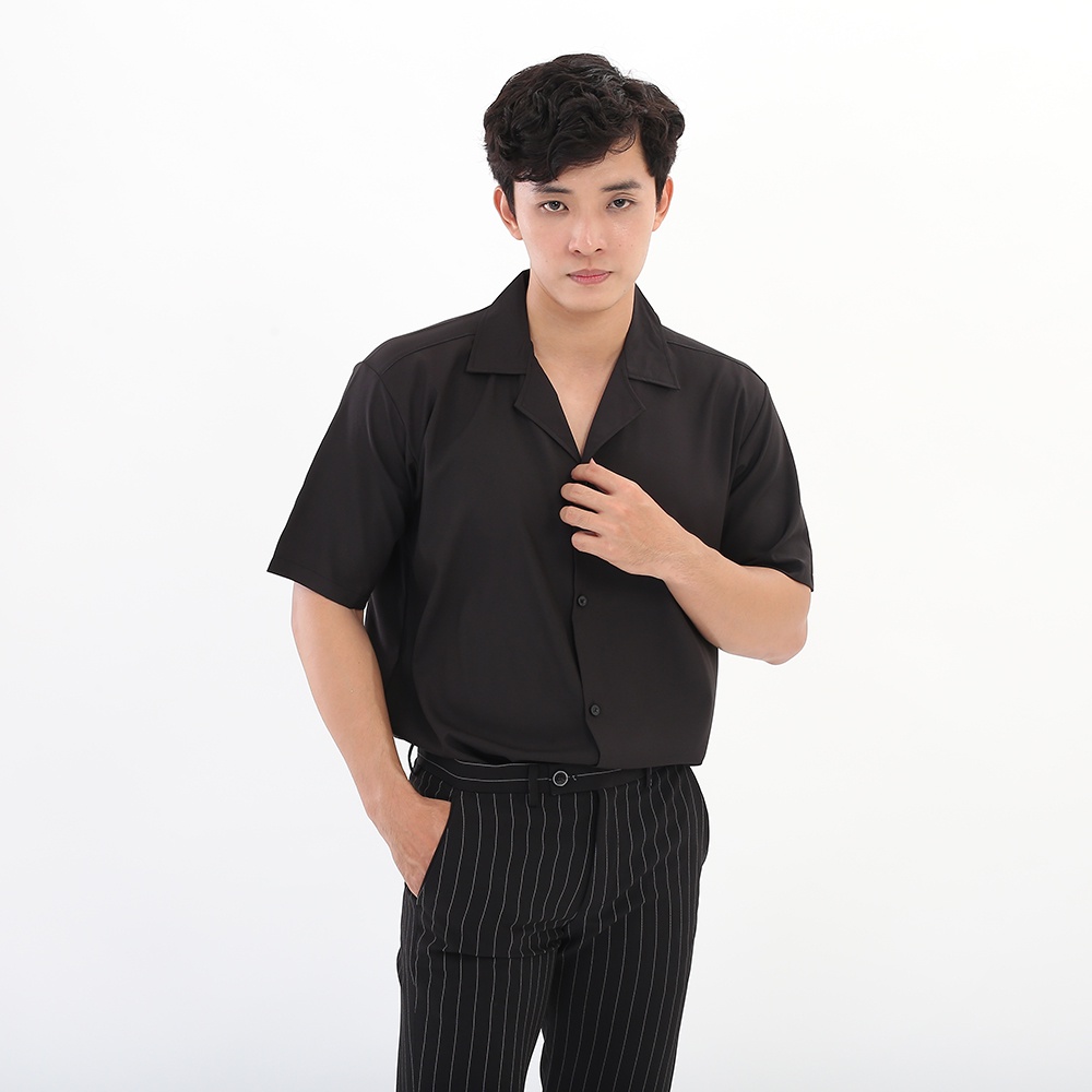 Áo sơ mi Botee Đen Cổ Vest ngắn tay form rộng unisex nam nữ vải lụa