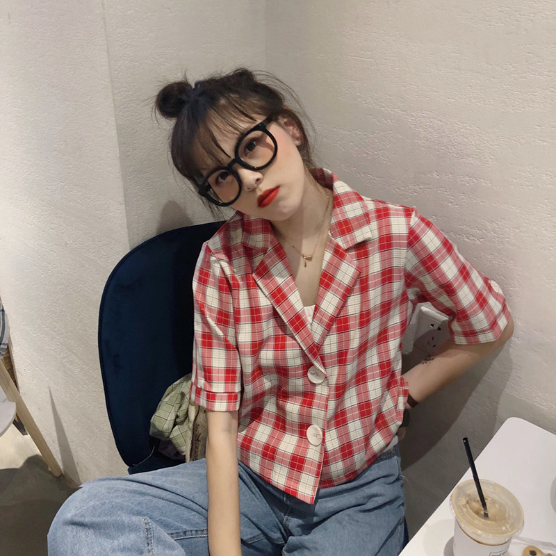 Áo blazer nữ đẹp 2021, Áo kiểu nữ cổ bẻ màu xanh Caro Phối Cúc Sang Chảnh Thời Trang Hàn Quốc | BigBuy360 - bigbuy360.vn