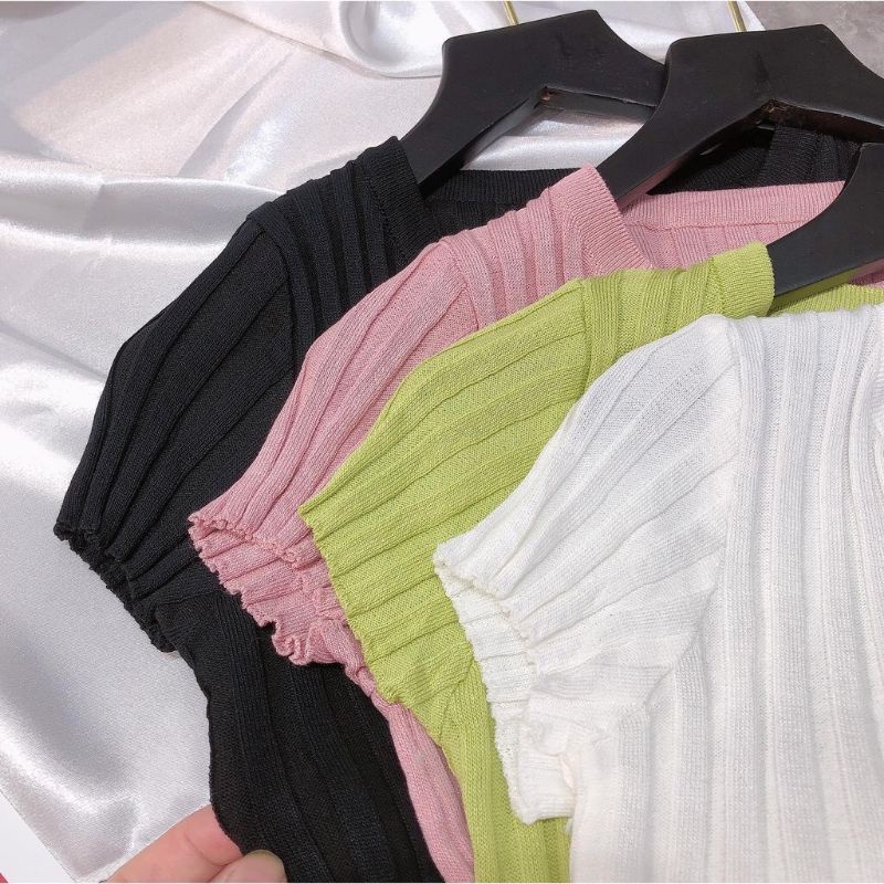 Áo Len tăm nữ cộc tay cài khuy cổ tròn trơn nhiều màu CROPTOP