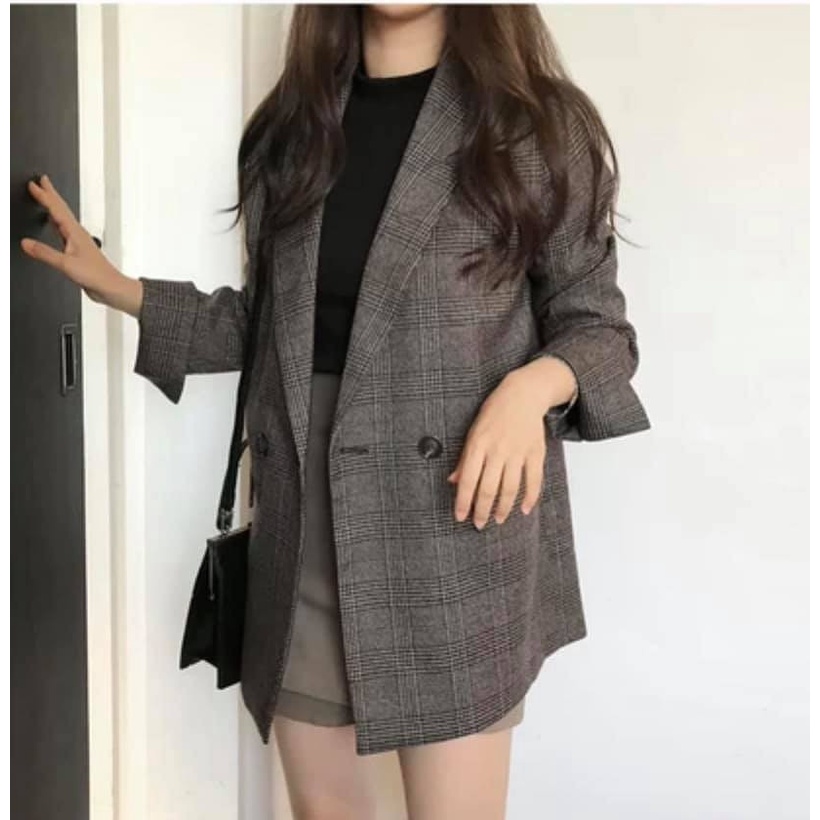 Áo blaze kẻ xẻ tay 2 lớp - Áo khoác nữ vest dáng rộng phong cách trẻ trung