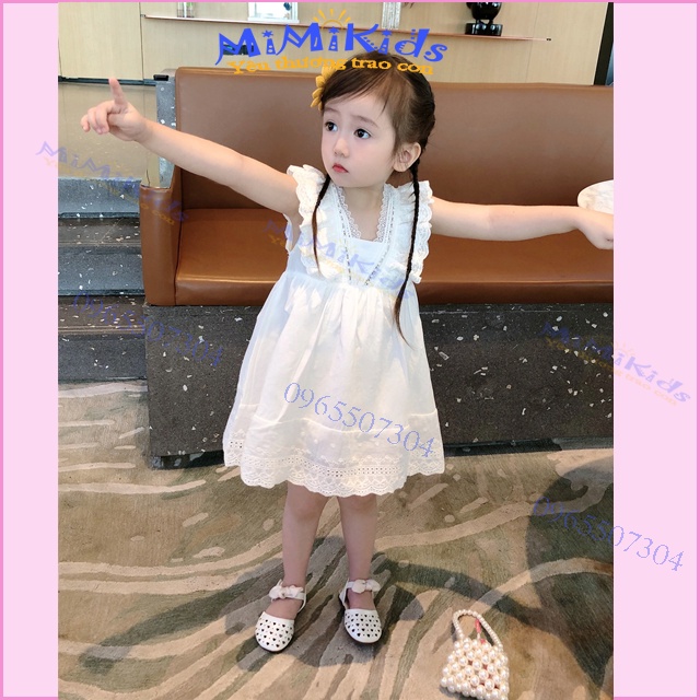 THANH LÝ Váy đầm đi biển/Đầm sát nách bé gái 1-6 tuổi, vải cotton thô màu trắng