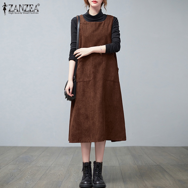 Váy dài ZANZEA không tay thiết kế túi xinh xắn thời trang cho nữ