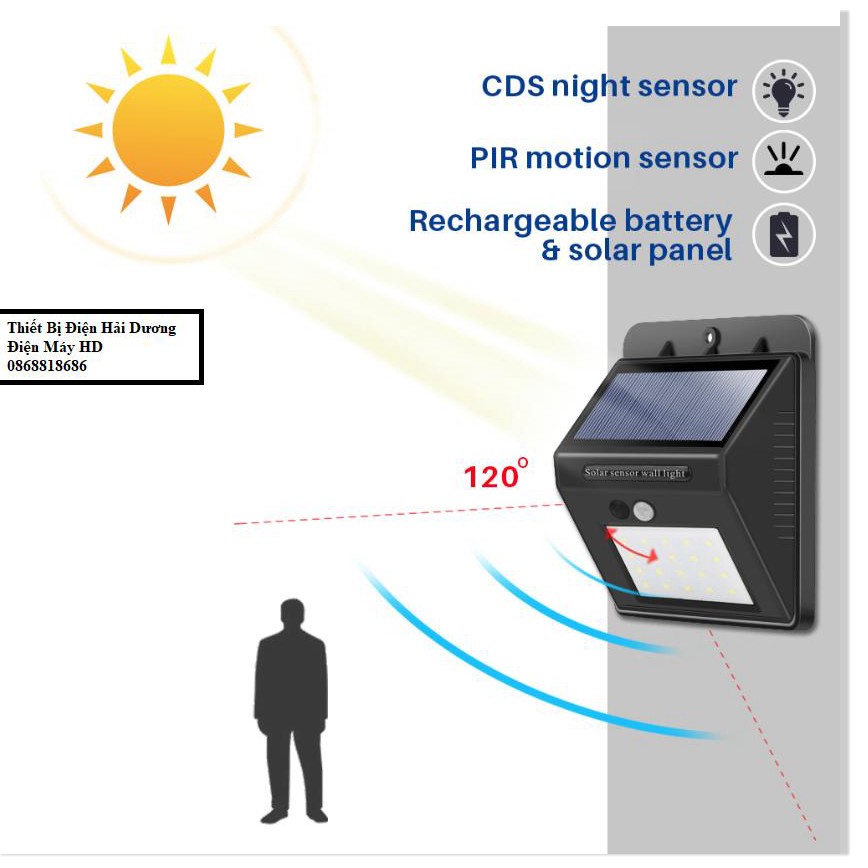 Đèn led cảm biến hồng ngoại năng lượng mặt trời (20 mắt led) Cảm Biến 3 Chế Độ. Không cần thiết phải kéo dây, dễ dàng cà