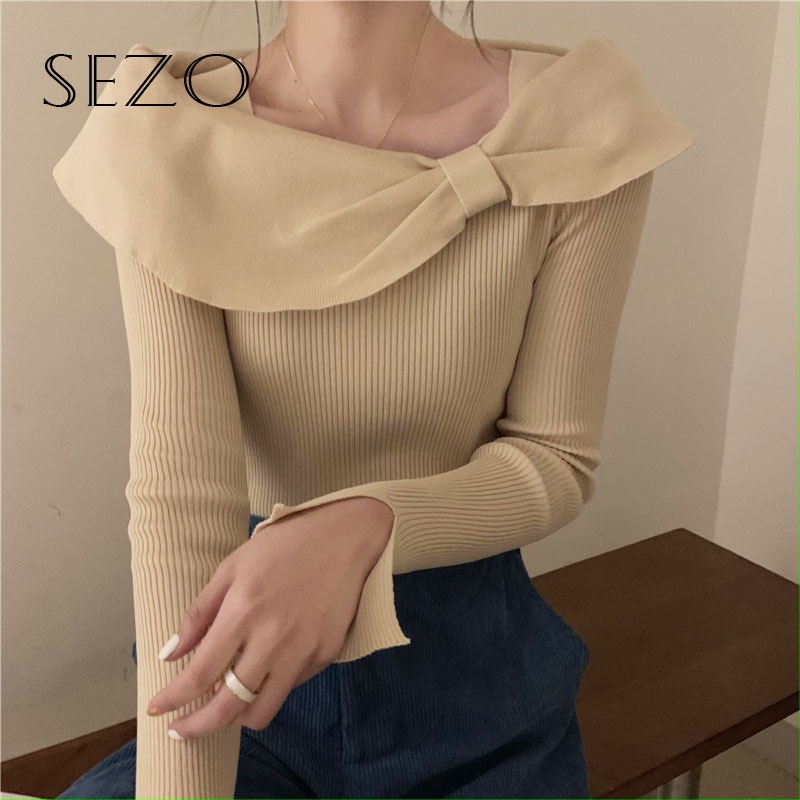 Áo dệt kim QKOOLE dài tay phối nơ phong cách Hàn Quốc thời trang dành cho nữ