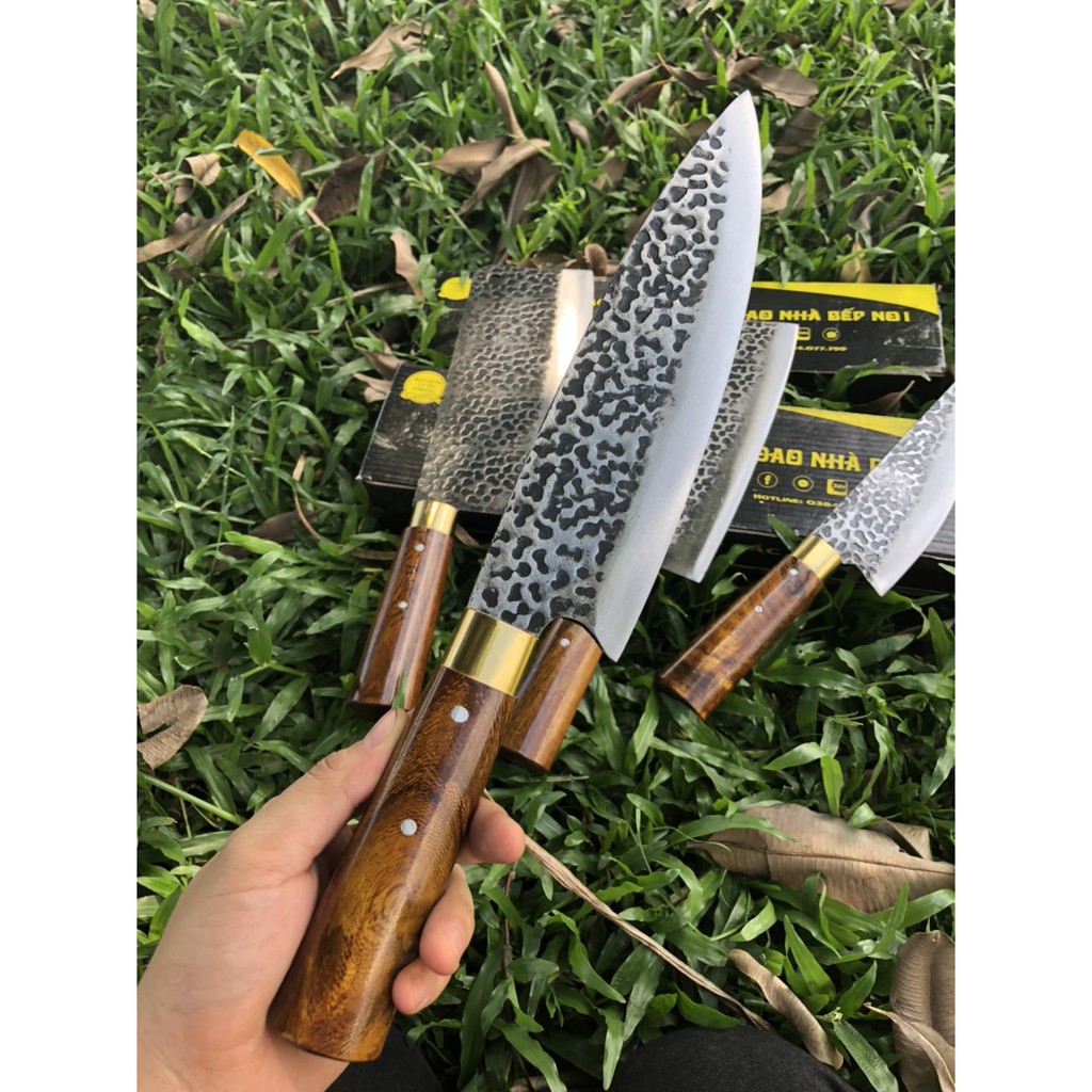 Dao bếp, bộ 4 dao nhà bếp cao cấp được rèn thủ công từ nhíp xe ô tô cán gỗ chuyên dùng chặt xương thái rau củ quả