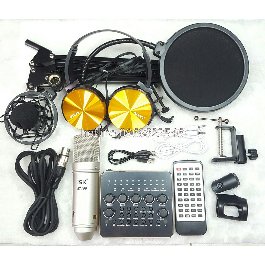 Combo thu âm livestream mic isk AT-100 chính hãng và sound card V10+ tai nghe sony + kẹp +lọc