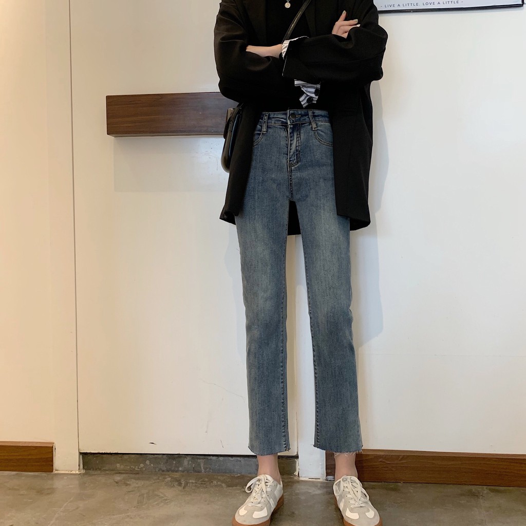  Quần Jean Lưng Cao Ống Suông Trơn Màu Cá Tính Cho Nữ 32003