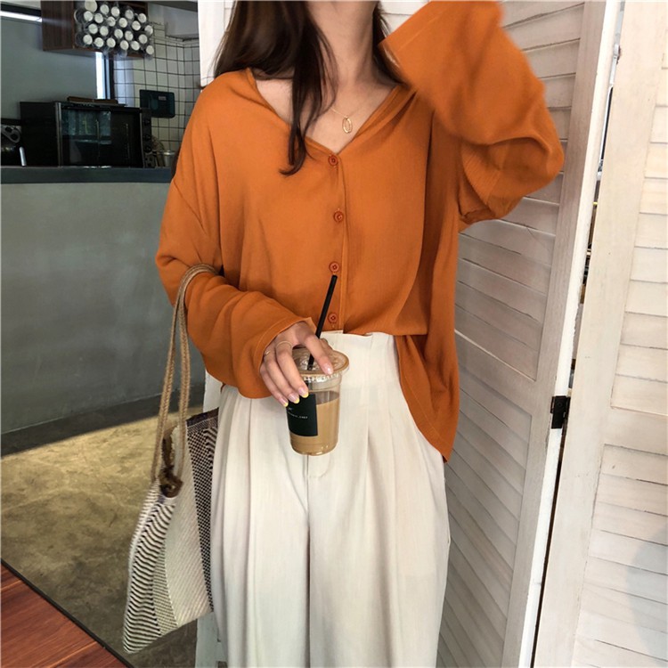 Áo Sơ Mi Tay Dài Form Rộng Màu Trơn Phong Cách Retro Hàn Quốc