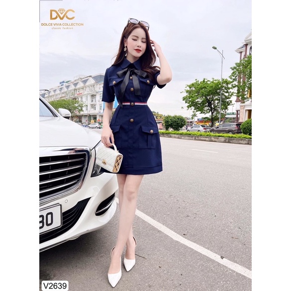 V2639 - váy dáng chữ A màu xanh than