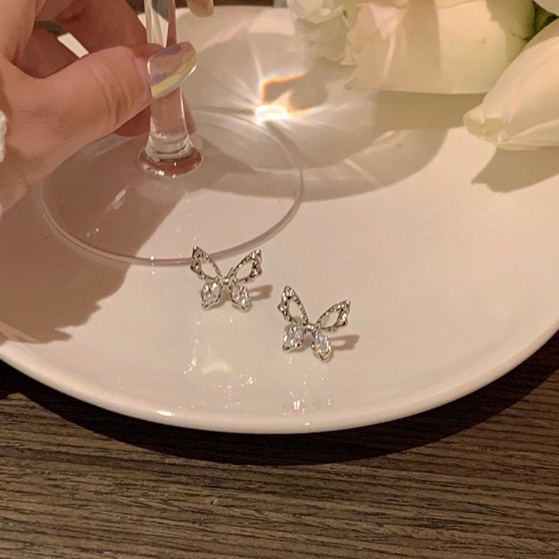 Bông Tai Mạ Bạc Hình Bướm Đính Đá Đơn Giản Thời Trang