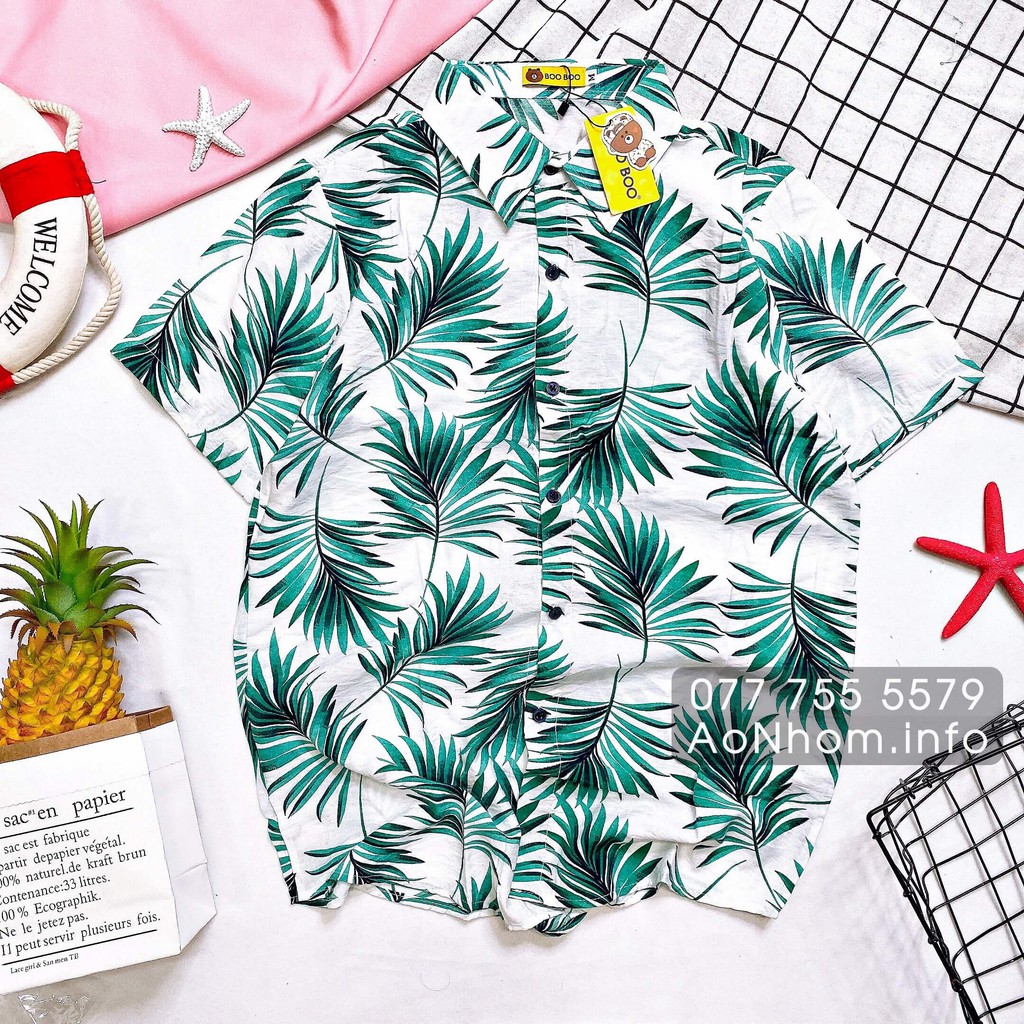 Áo sơ mi hoạ tiết đi biển cho nam nữ, Áo đi biển nhóm có bigsize ★ Lá cây xám,xanh, nền trắng 🌿 | BigBuy360 - bigbuy360.vn